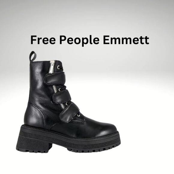 NWT  Free People Emmett Lace Up Boot Black Leather Straps Lug Sole Zipper 37/7 - Picture 1 of 5
